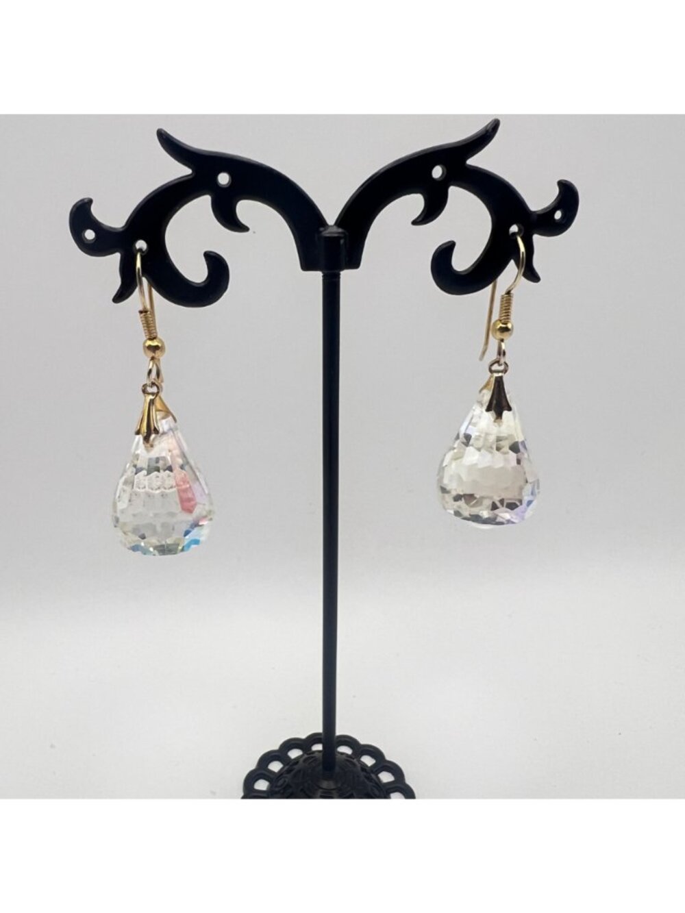 Vintage AB Crystal Teardrop Pendant Necklace Earrings Set Gold-Tone 24" Japan - Picture 4 of 11
